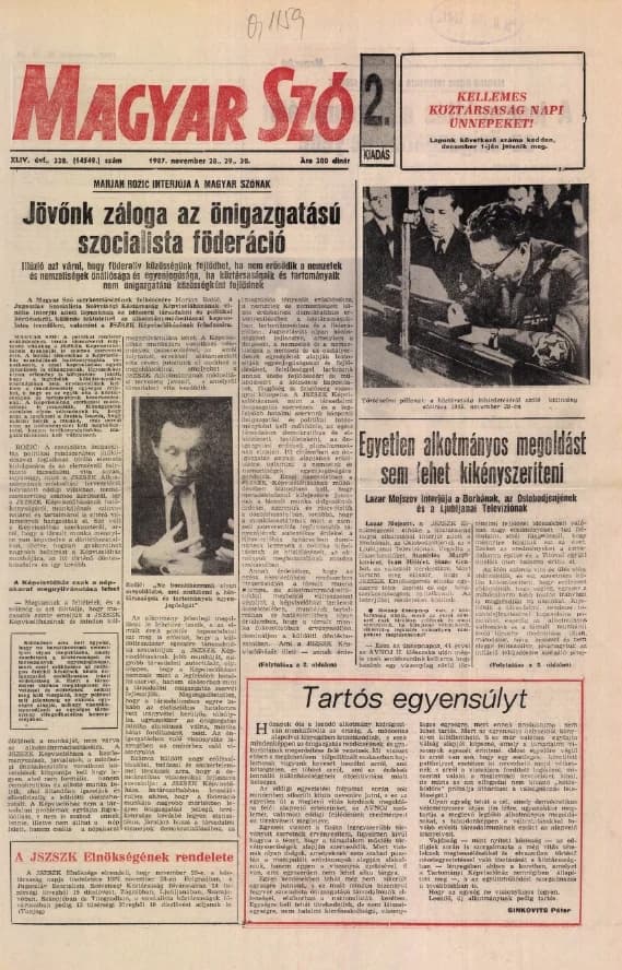 Magyar Szó, 44. évf. 1987. november 28. – 30. 328. sz. 1–28. oldal