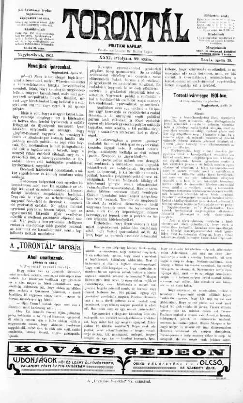 Torontál, 31. évf. 1902. április 30. 99. sz.