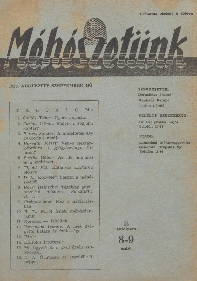 Méhészetünk, 2. évf. 1955. augusztus 1. – szeptember 1. 8–9. sz.