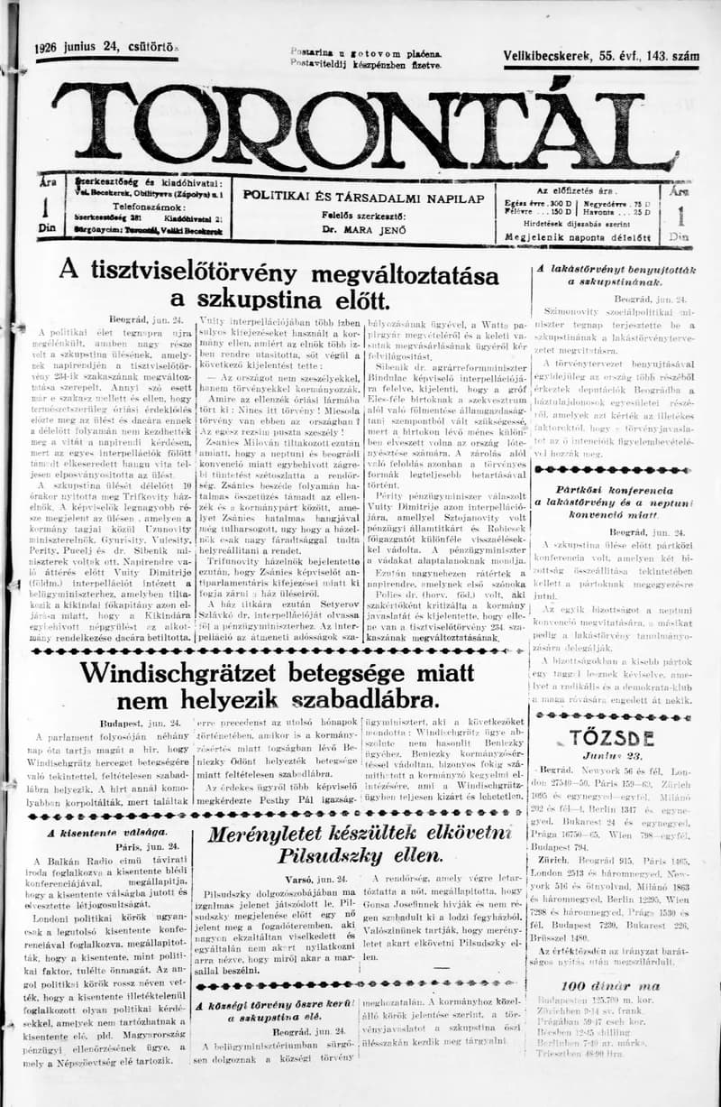 Torontál, 55. évf. 1926. június 24. 143. sz.