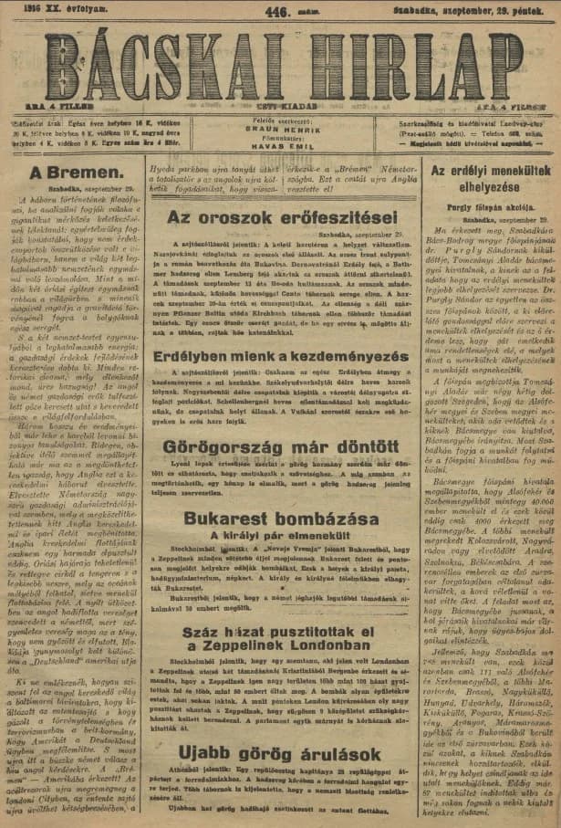 Bácskai Hirlap, 20. évf. 1916. szeptember 29. 446. sz.