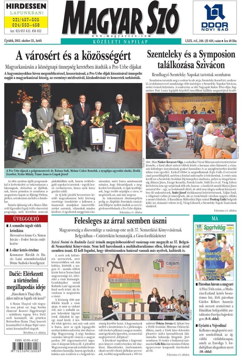 Magyar Szó, 69. évf. 2012. október 22. 246. sz. 1–16. oldal