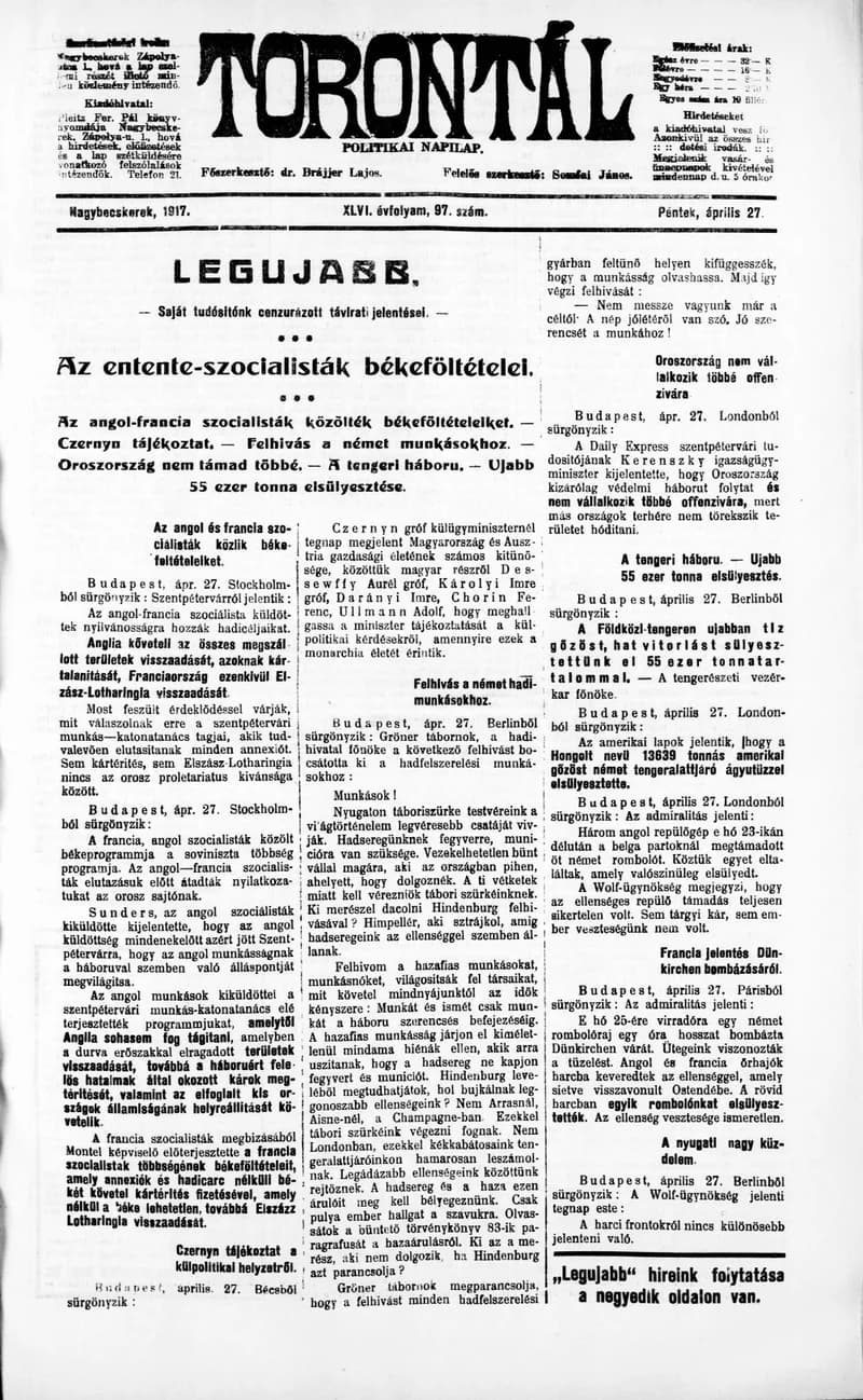 Torontál, 46. évf. 1917. április 27. 97. sz.