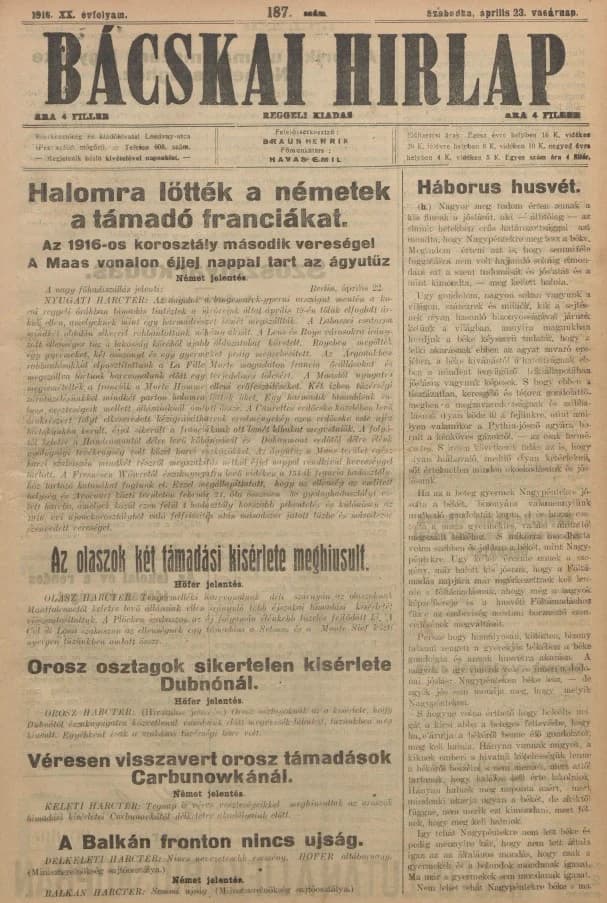 Bácskai Hirlap, 20. évf. 1916. április 23. 187. sz.