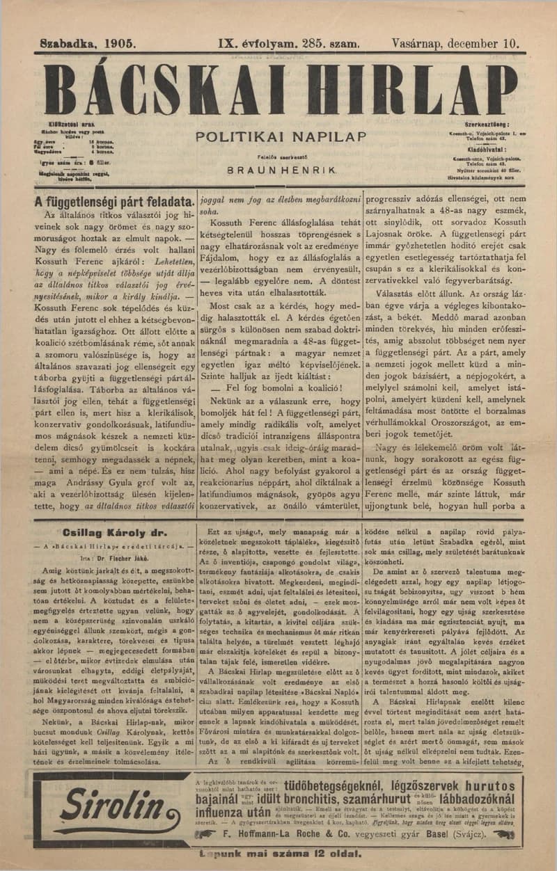 Bácskai Hirlap, 9. évf. 1905. december 10. 285. sz.
