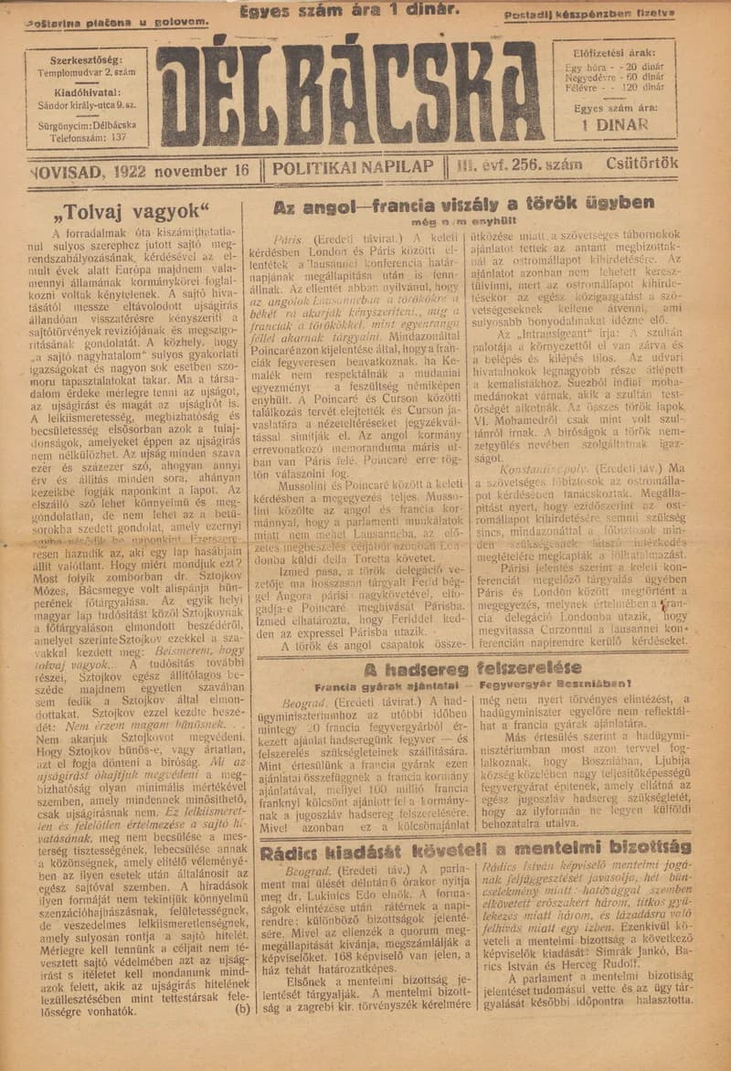 Délbácska, 3. évf. 1922. november 16. 256. sz.