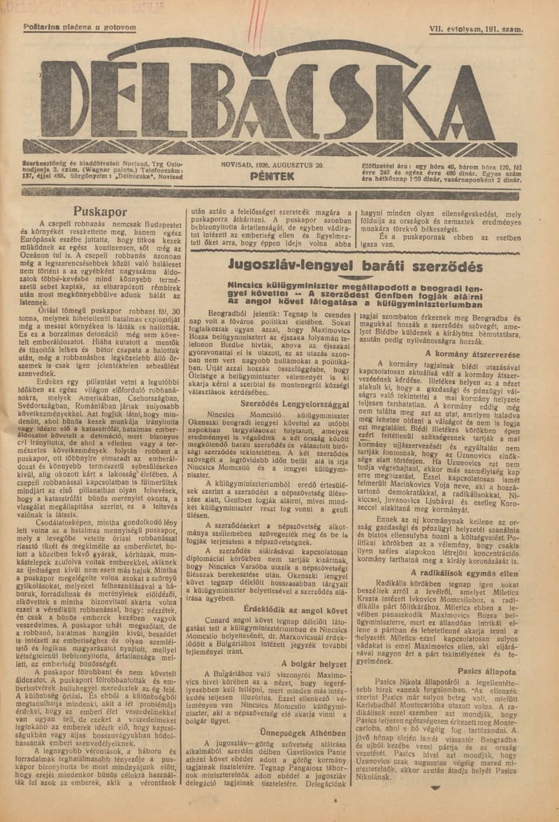 Délbácska, 7. évf. 1926. augusztus 20. 191. sz.
