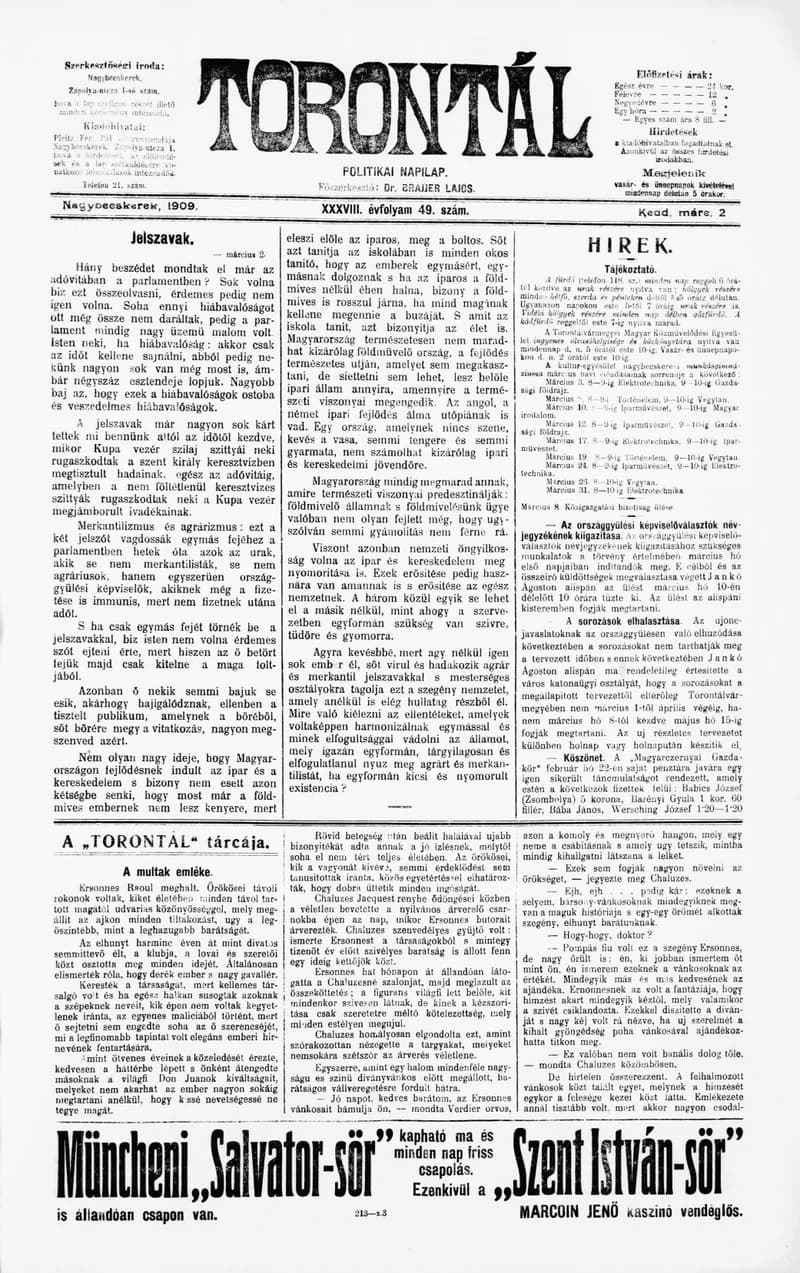 Torontál, 38. évf. 1909. március 2. 49. sz.