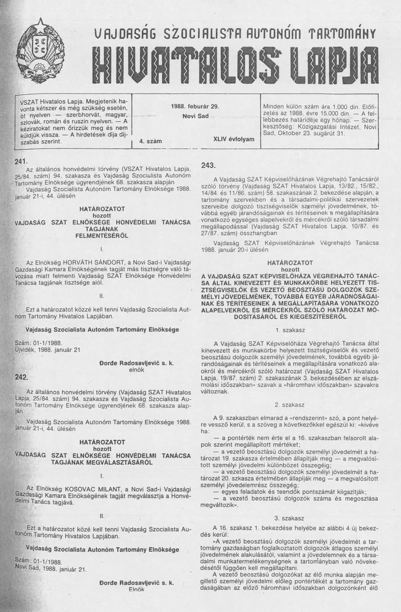 Vajdaság Szocialista Autonóm Tartomány Hivatalos Lapja, 44. évf. 1988. február 29. 4. sz.