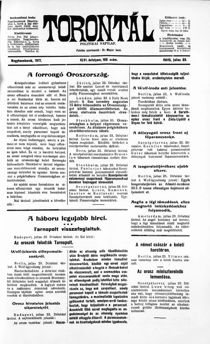 Torontál, 46. évf. 1917. július 23. 166. sz.