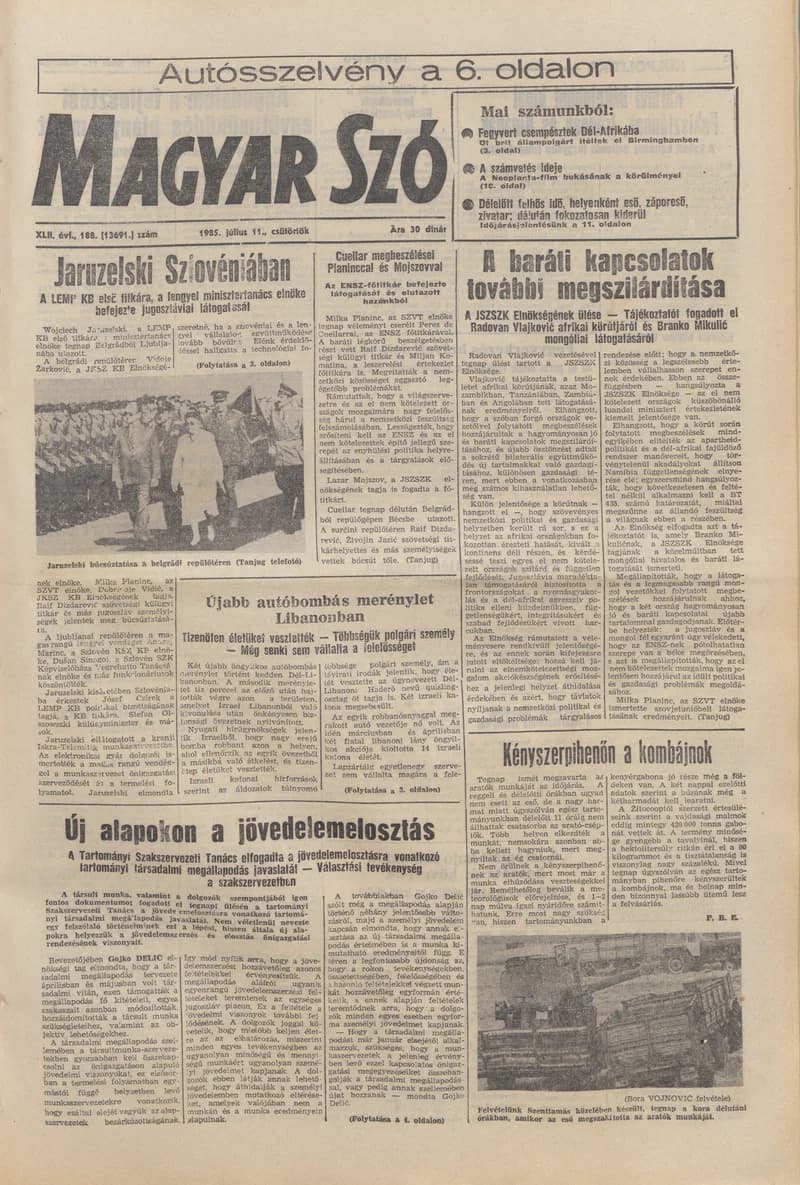Magyar Szó, 42. évf. 1985. július 11. 188. sz. 1–16. oldal
