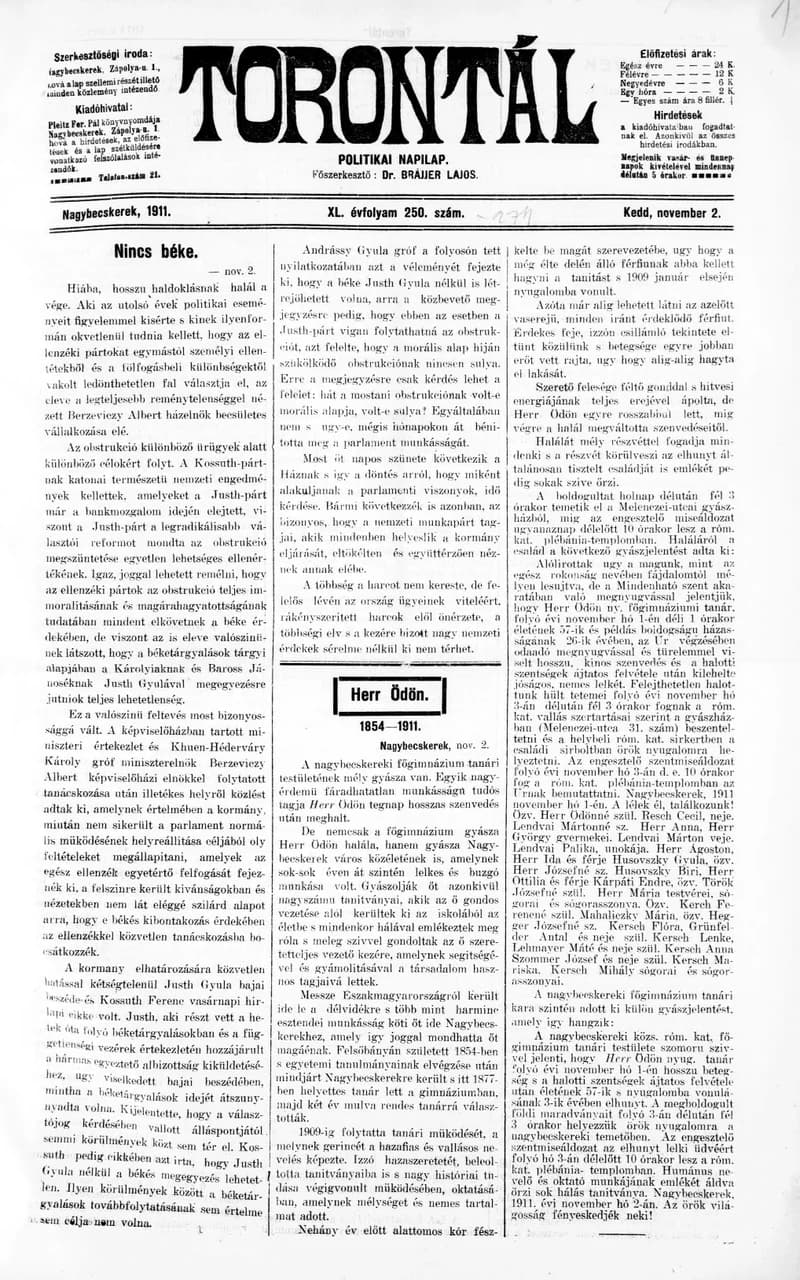 Torontál, 40. évf. 1911. november 2. 250. sz.