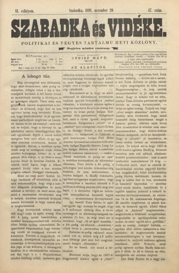 Szabadka és vidéke II, 6. évf. 1898. november 20. 47. sz.