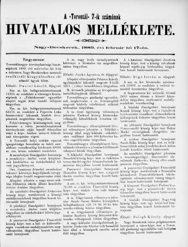 A Totontál  hivatalos melléklete, 2. évf. 1889. február 17. 7. sz.