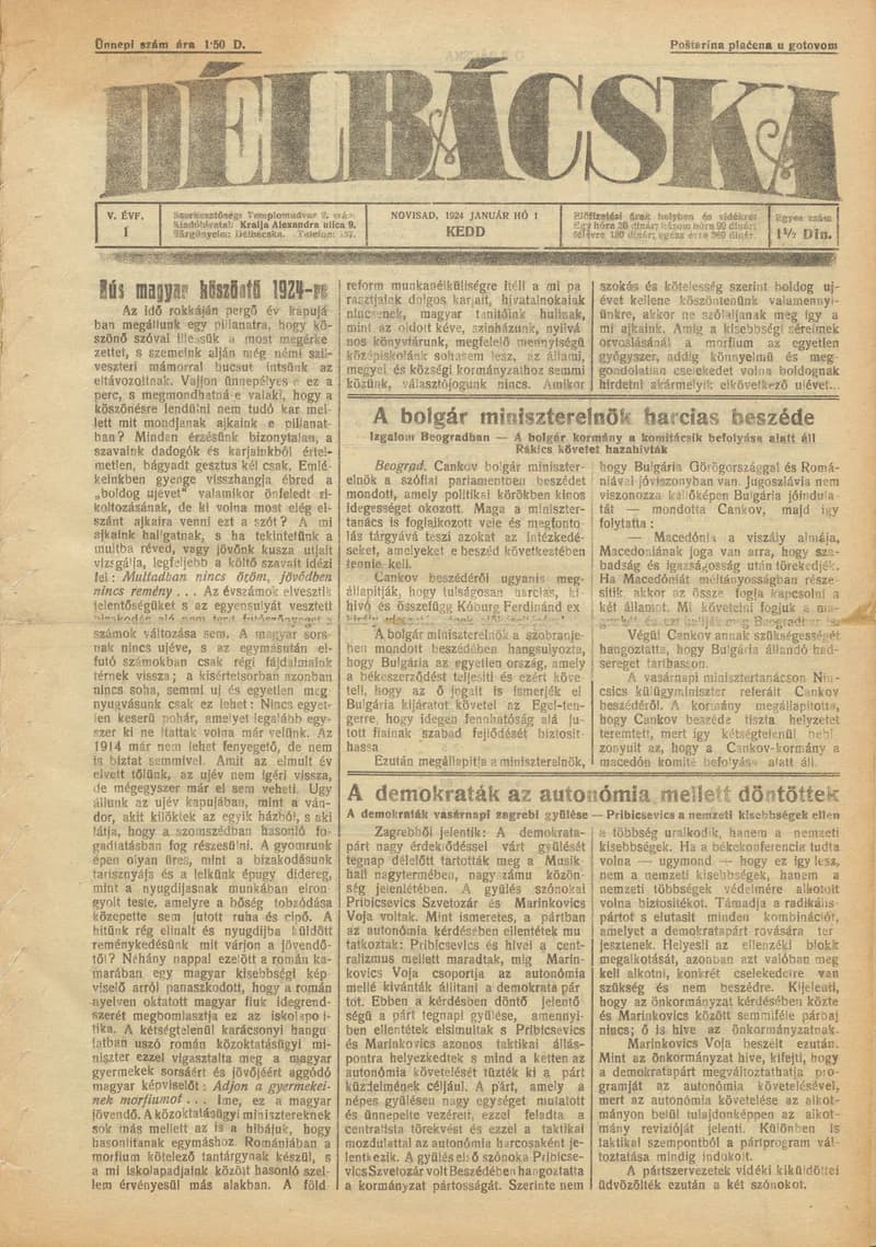 Délbácska, 5. évf. 1924. január 1. 1. sz.
