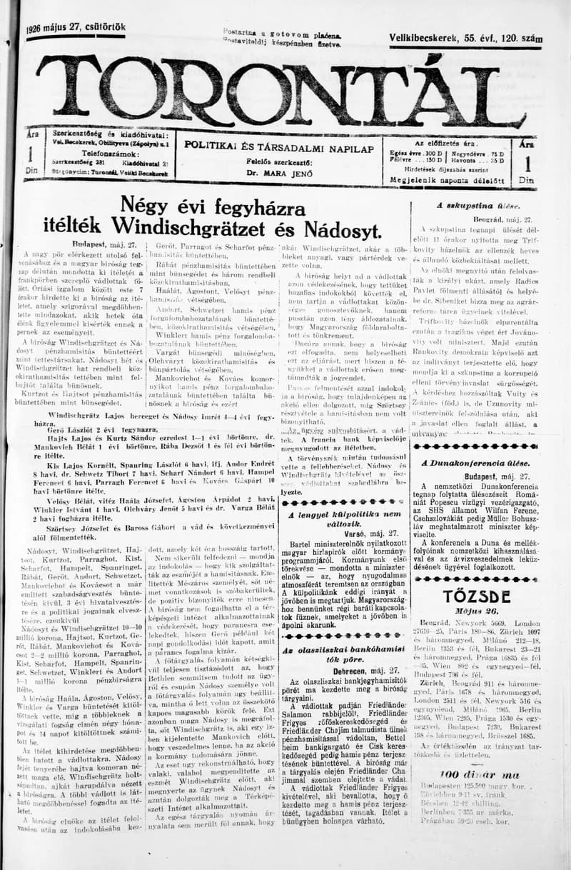 Torontál, 55. évf. 1926. május 27. 120. sz.