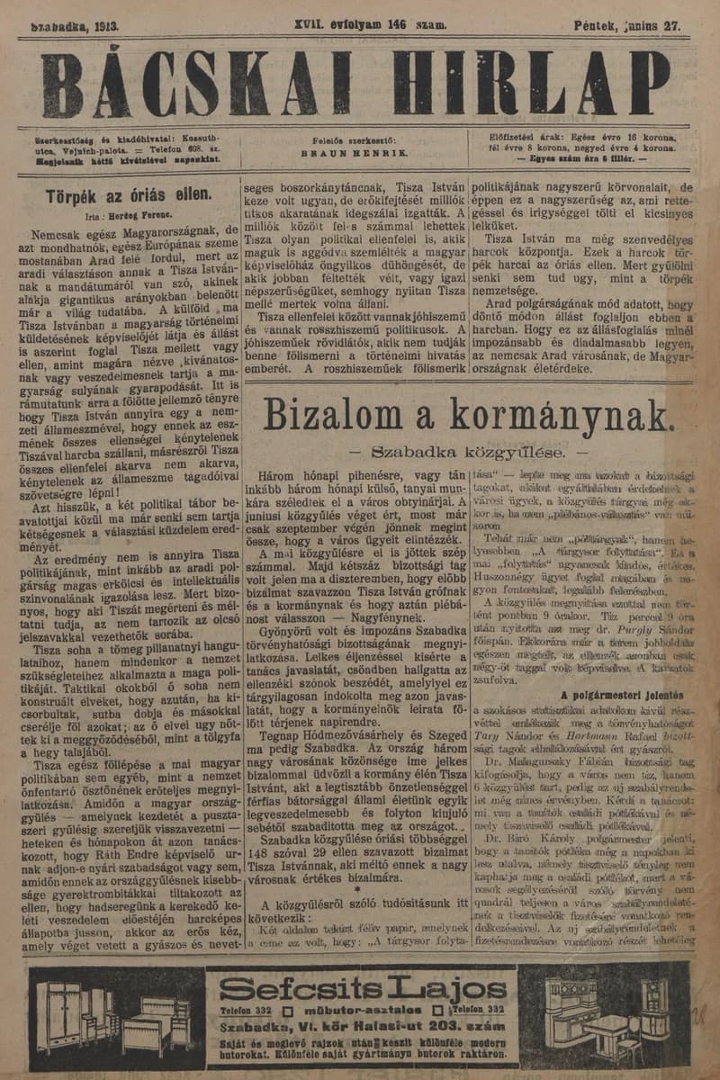 Bácskai Hirlap, 17. évf. 1913. június 27. 146. sz.