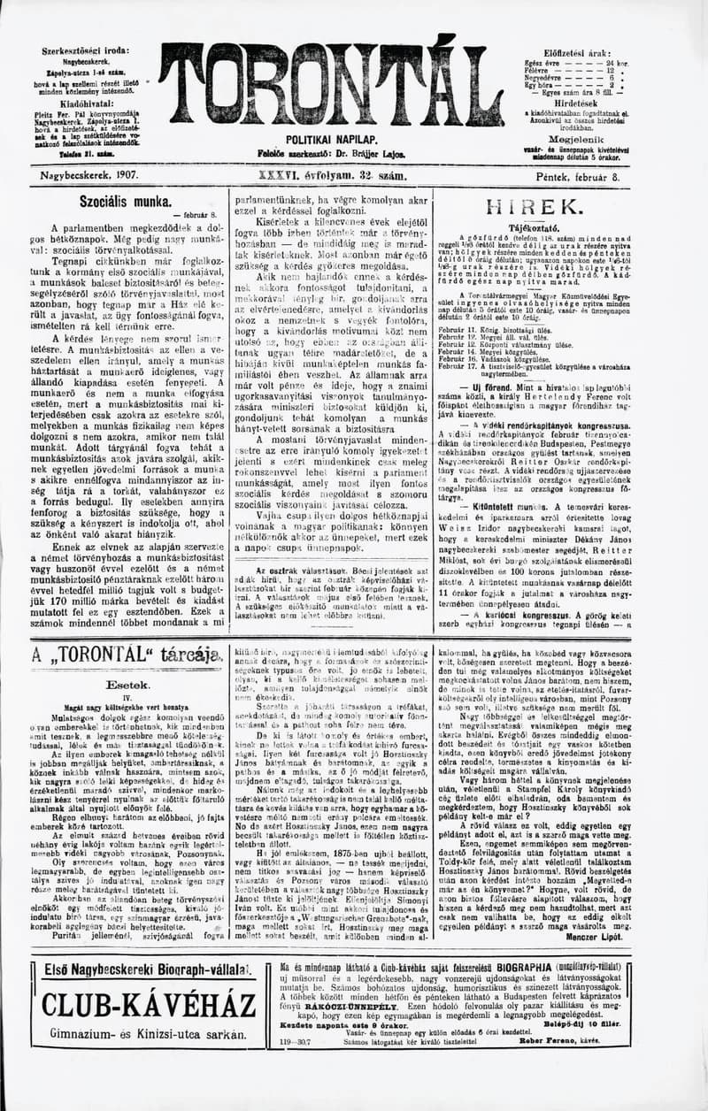 Torontál, 36. évf. 1907. február 8. 32. sz.