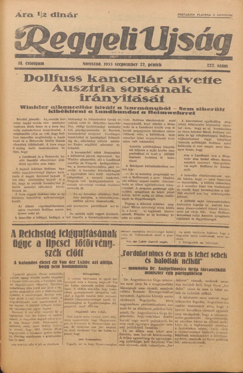 Reggeli Újság, 14. évf. 1933. szeptember 22. 222. sz.