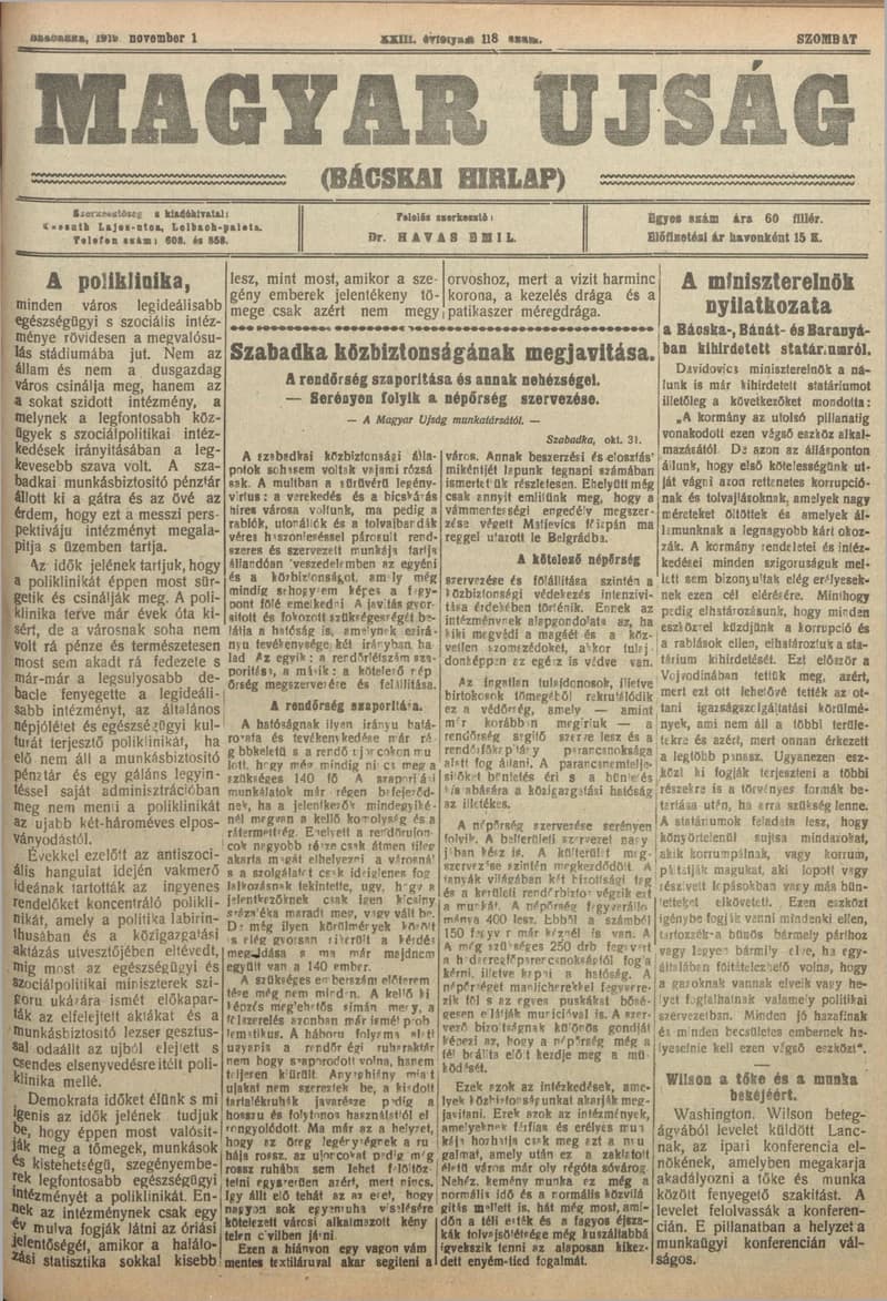 Bácskai Hirlap, 23. évf. 1919. november 1. 118. sz.