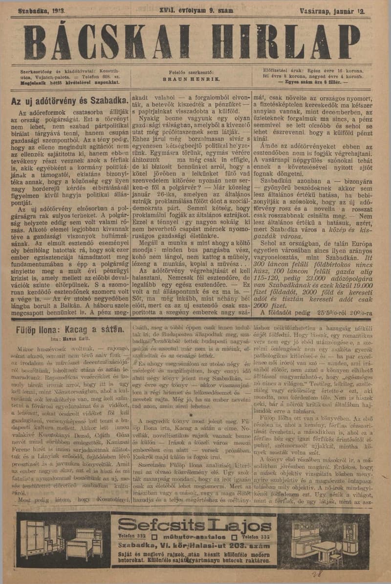 Bácskai Hirlap, 17. évf. 1913. január 12. 9. sz.