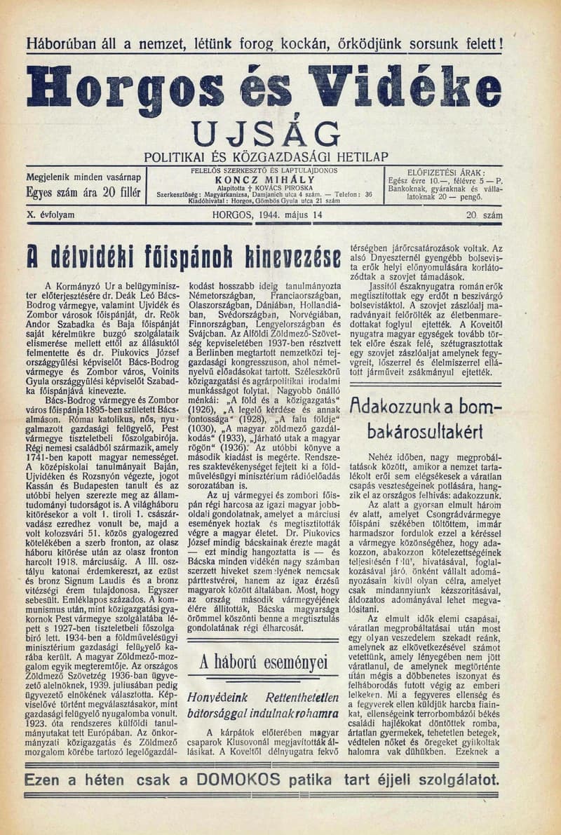 Horgos és vidéke, 9. évf. 1944. május 14. 20. sz.