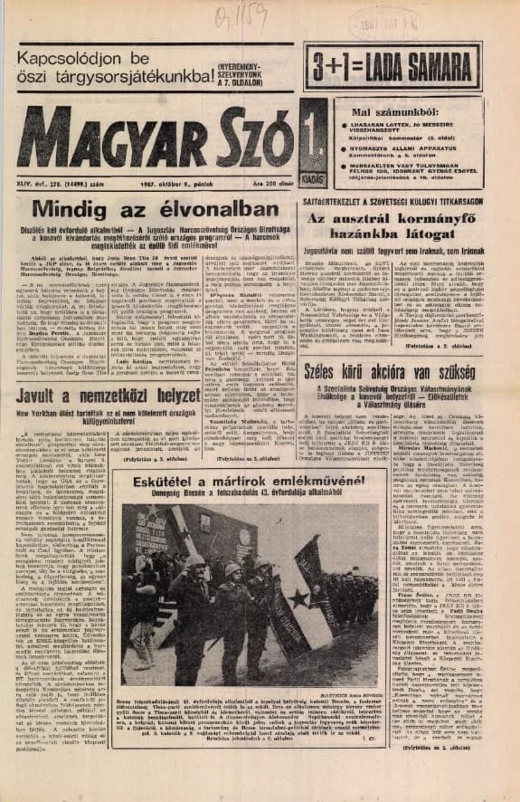 Magyar Szó, 44. évf. 1987. október 9. 278. sz. 1–20. oldal