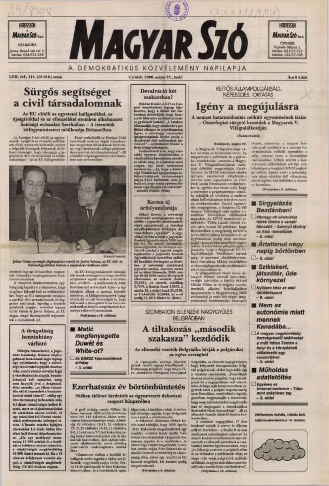Magyar Szó, 57. évf. 2000. május 23. 119. sz. 1–16. oldal