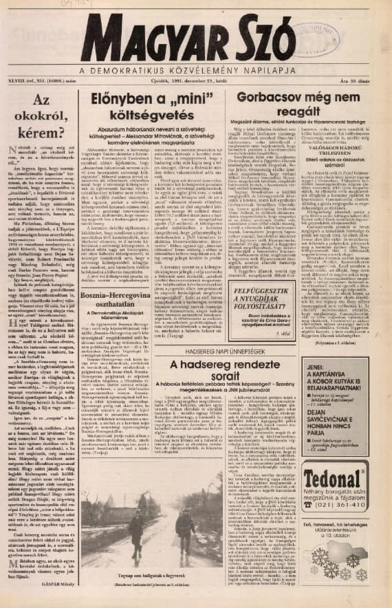 Magyar Szó, 48. évf. 1991. december 23. 351. sz. 1–20. oldal