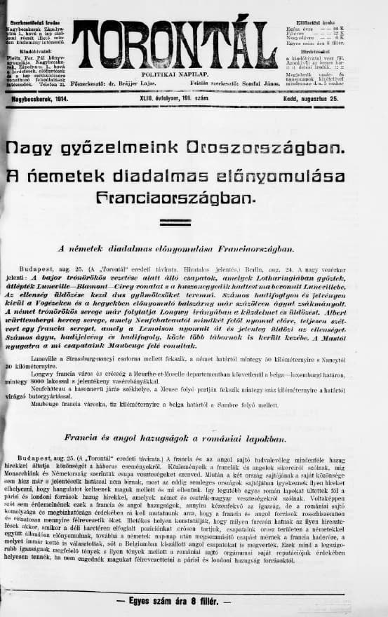 Torontál, 43. évf. 1914. augusztus 25. 191. sz.