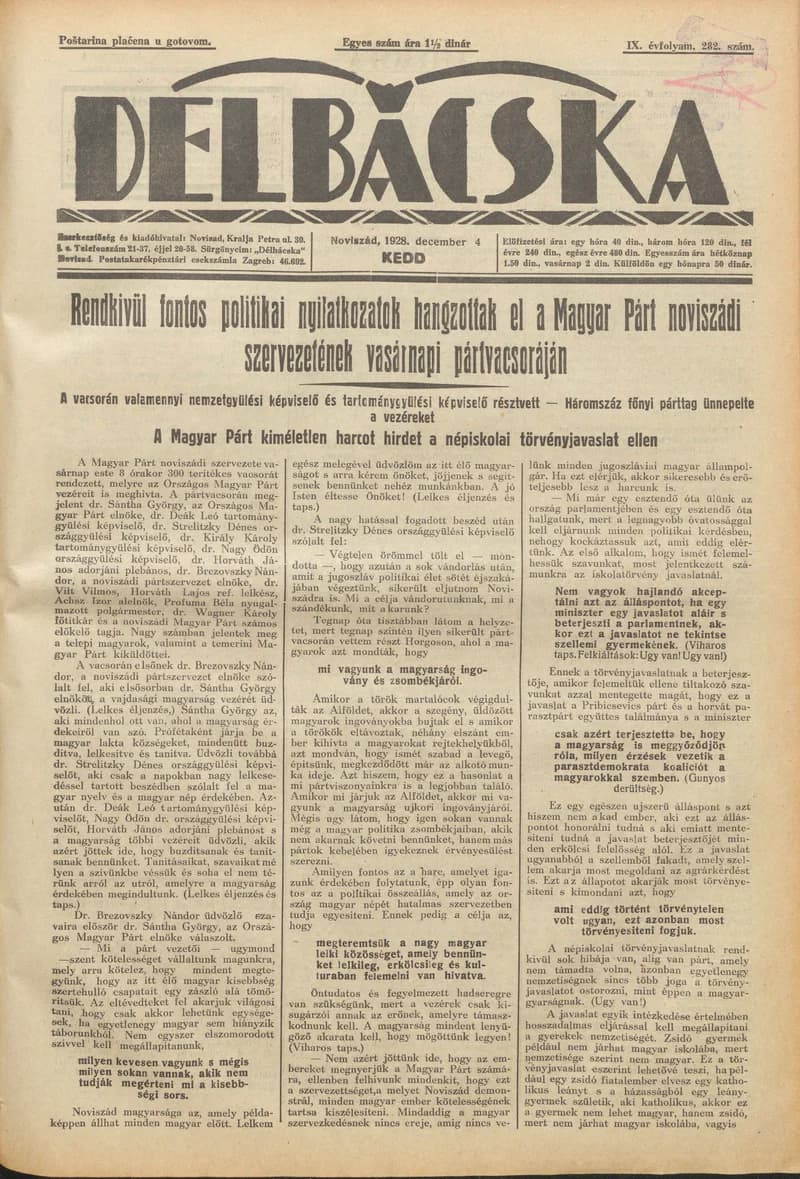 Délbácska, 9. évf. 1928. december 4. 282. sz.