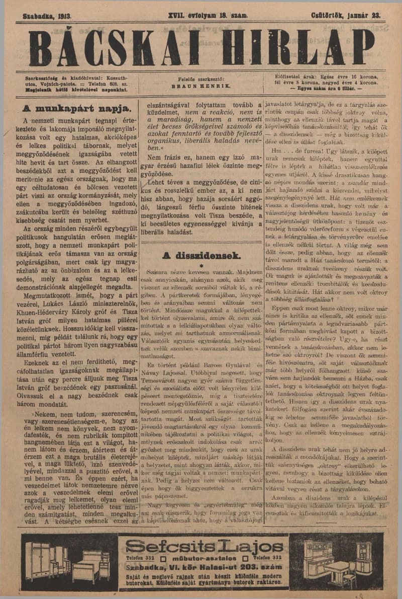 Bácskai Hirlap, 17. évf. 1913. január 23. 18. sz.