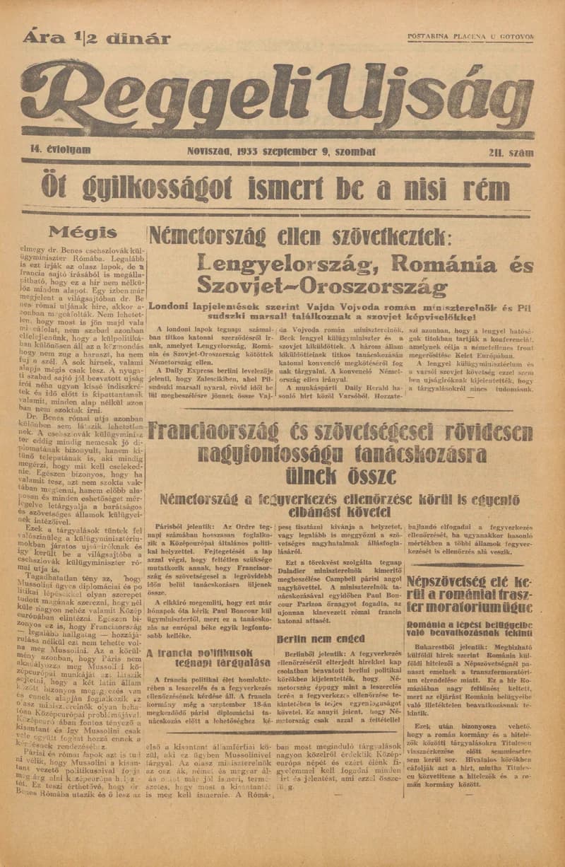 Reggeli Újság, 14. évf. 1933. szeptember 9. 211. sz.