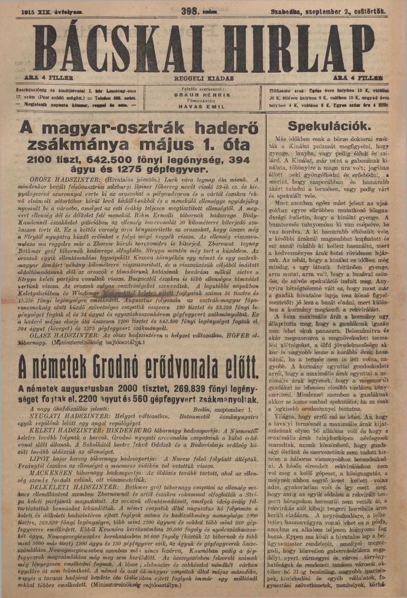 Bácskai Hirlap, 19. évf. 1915. szeptember 2. 398. sz.