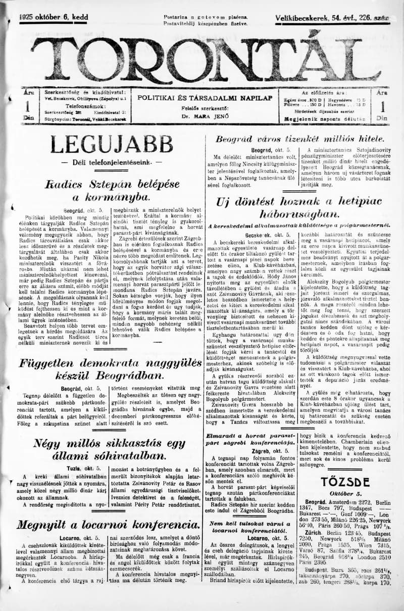 Torontál, 54. évf. 1925. október 6. 226. sz.