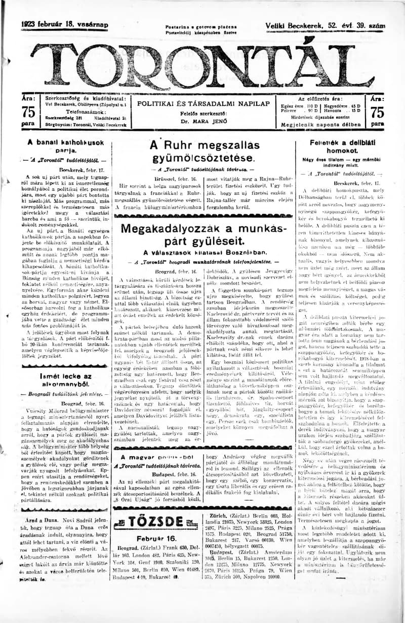 Torontál, 52. évf. 1923. február 18. 39. sz.