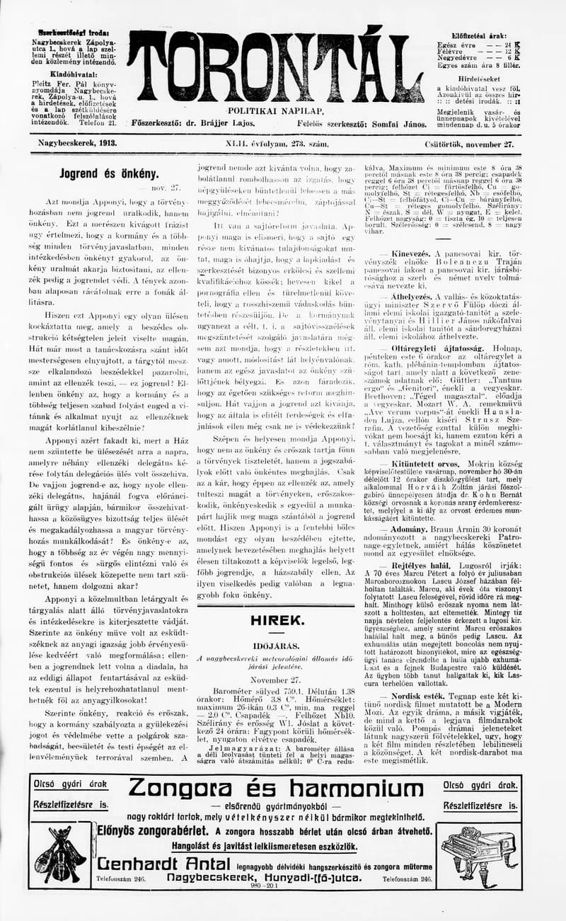 Torontál, 42. évf. 1913. november 27. 273. sz.