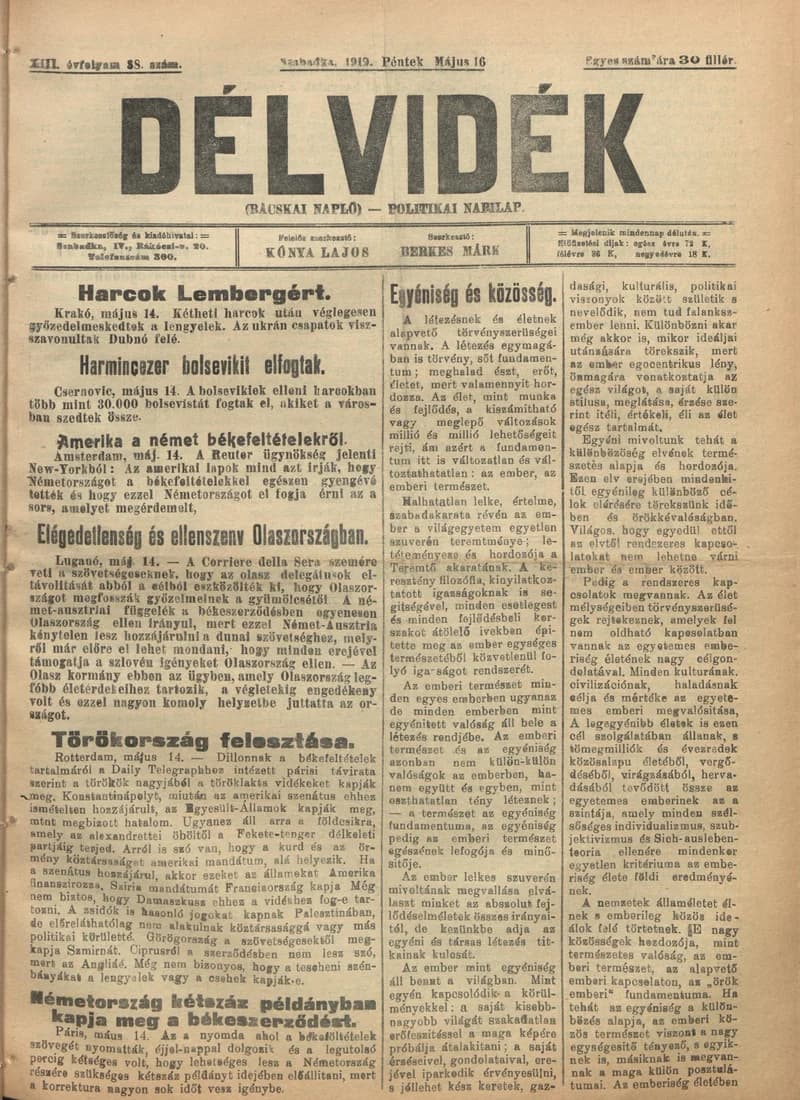 Délvidék, 13. évf. 1919. május 16. 88. sz.