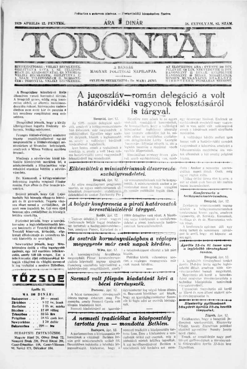 Torontál, 58. évf. 1929. április 12. 85. sz.