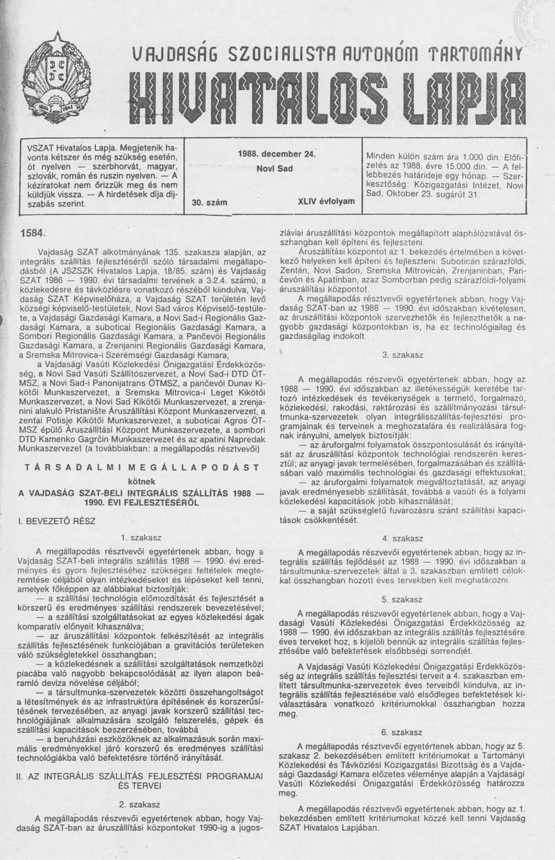 Vajdaság Szocialista Autonóm Tartomány Hivatalos Lapja, 44. évf. 1988. december 24. 30. sz.
