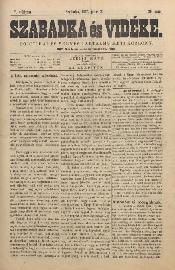 Szabadka és vidéke II, 5. évf. 1897. július 25. 30. sz.