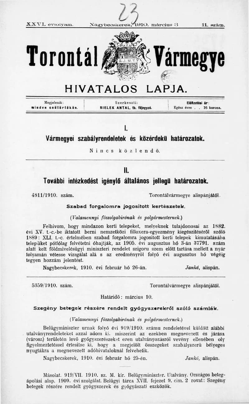 Torontál Vármegye Hivatalos Lapja, 26. évf. 1910. március 3. 11. sz.