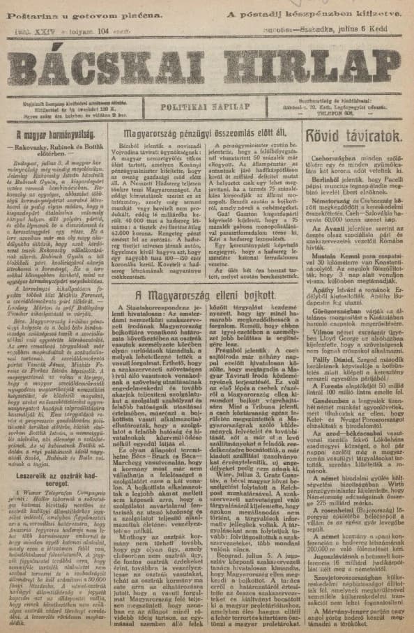 Bácskai Hirlap, 24. évf. 1920. július 6. 104. sz.