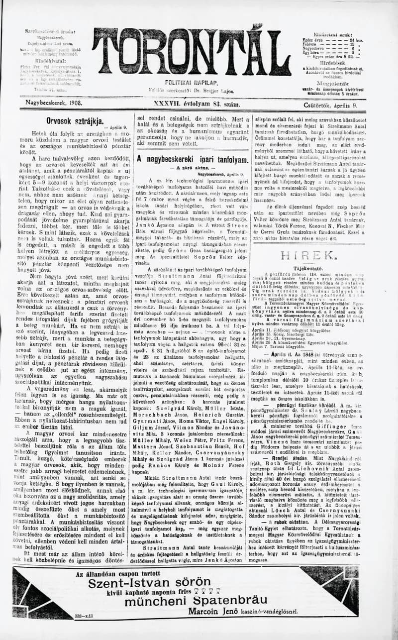 Torontál, 37. évf. 1908. április 9. 83. sz.