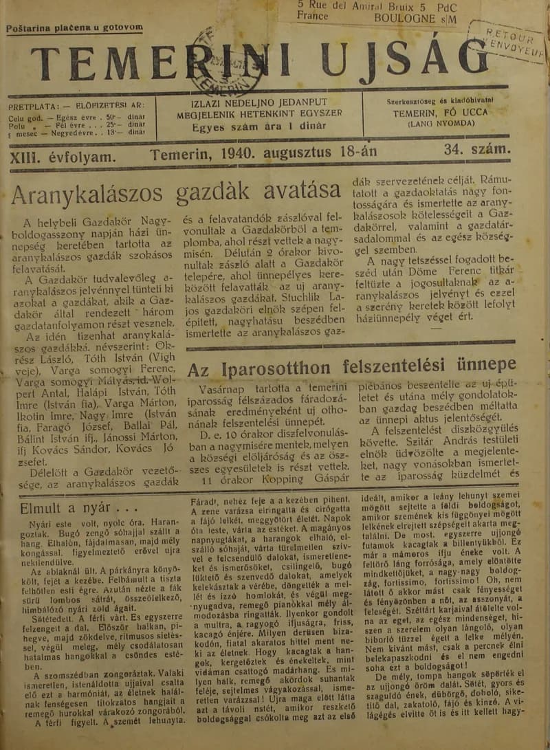 Temerini Újság 1928-1944, 13. évf. 1940. augusztus 18. 34. sz.