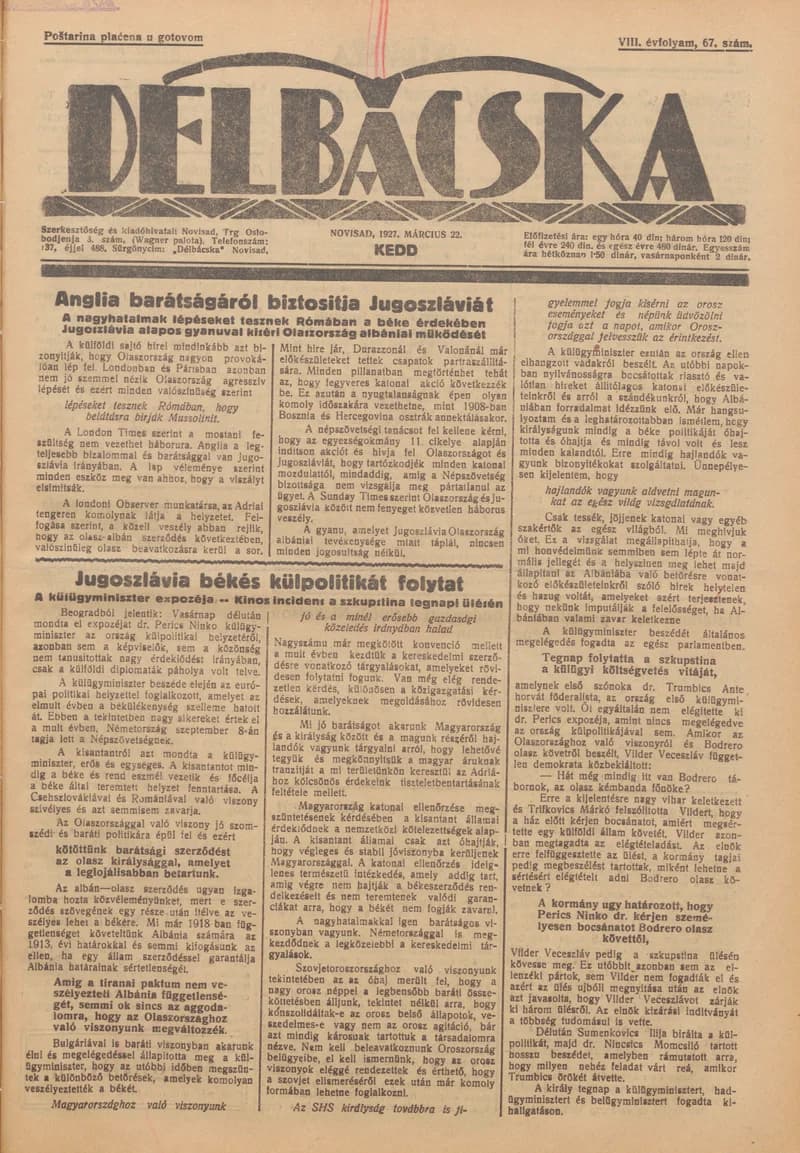 Délbácska, 8. évf. 1927. március 22. 67. sz.