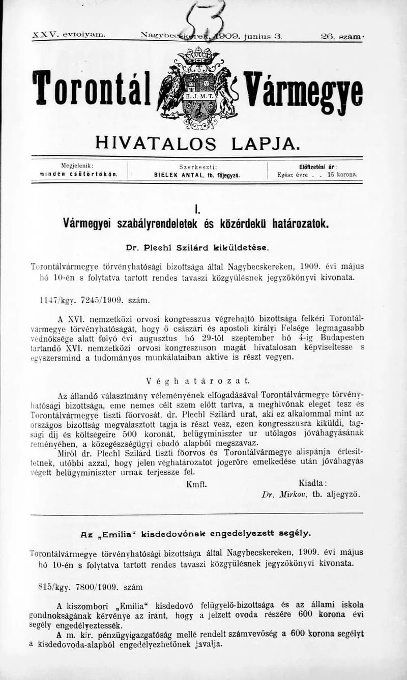 Torontál Vármegye Hivatalos Lapja, 25. évf. 1909. június 3. 26. sz.