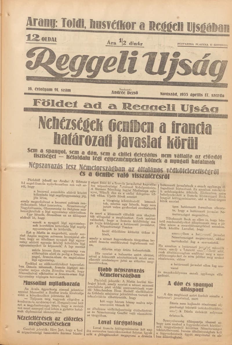 Reggeli Újság, 16. évf. 1935. április 17. 91. sz.