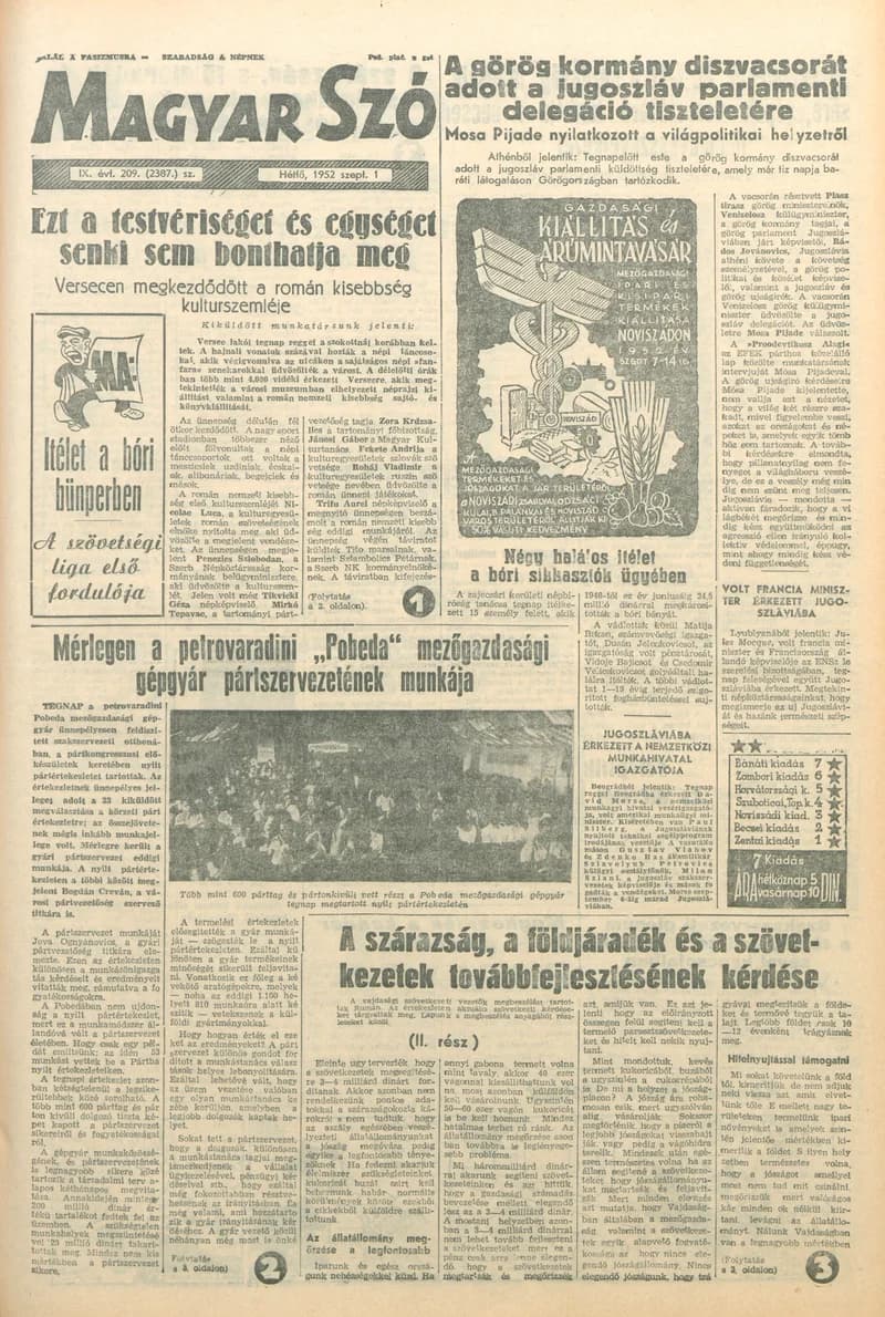 Magyar Szó, 9. évf. 1952. szeptember 1. 209. sz. 1–8. oldal