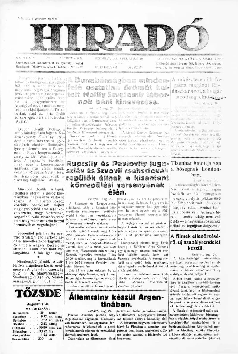 Híradó, 59. évf. 1930. augusztus 30. 200. sz.